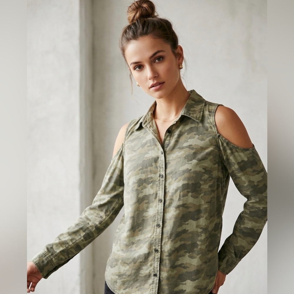 Maurices Cold Shoulder Button Down Camo Shirt